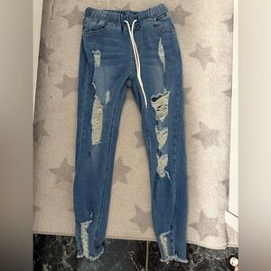 Distressed Blue Jeans with Drawstring
